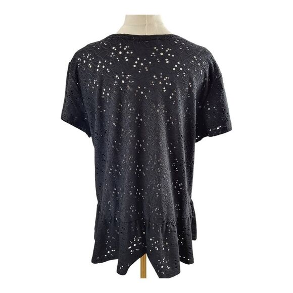 Nanette Lepore Large Black Short Sleeve Top Eyelet Floral Embroidery Peplum - Picture 10 of 14